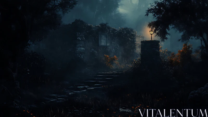 Moody forest ruins with lone lantern lighting stone path.