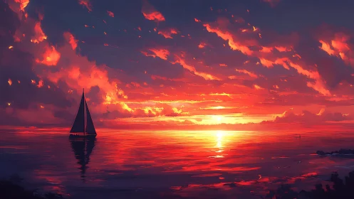 Sailboat drifts softly beneath a radiant crimson sunset sky