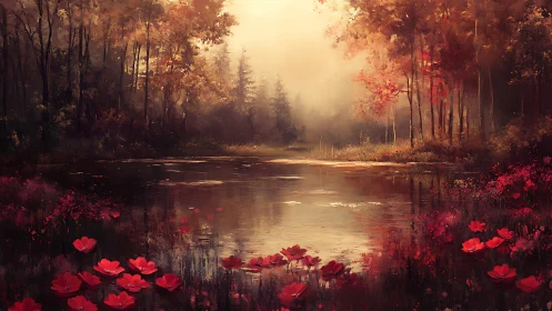 Calm forest lake with red flowers in soft evening light.