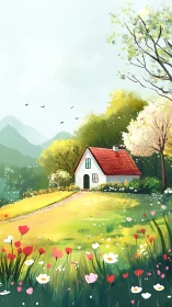 Spring cottage glows amid wildflower meadow and soft hills.