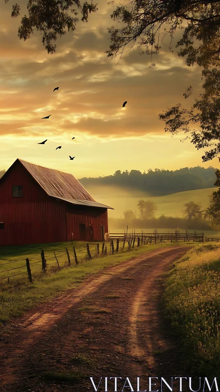 Rural dirt road curving past red barn at golden sunrise.
