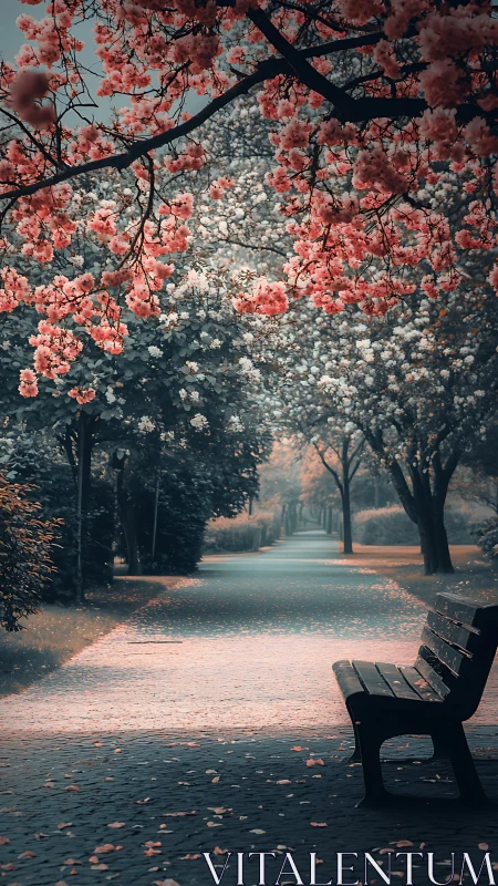Watercolor park avenue beneath blooming cherry canopy.