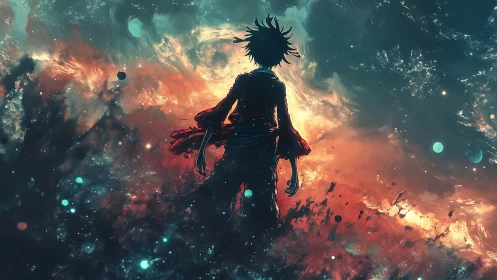 Silhouetted wanderer within swirling cosmic inferno storm.
