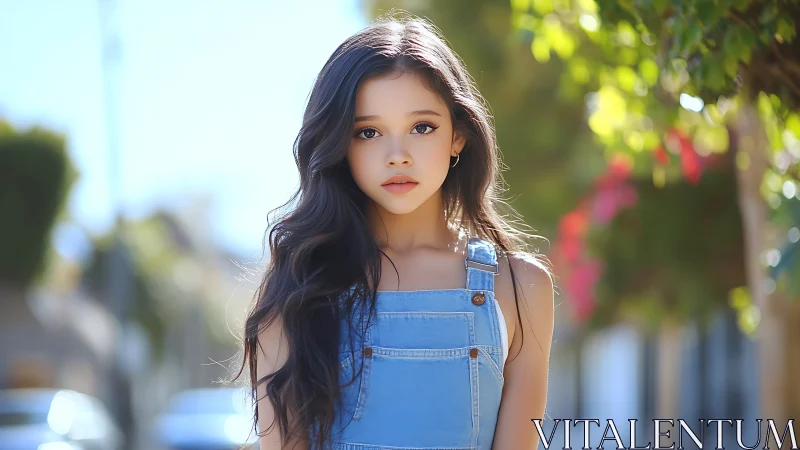Young Girl in Denim Overalls Outdoors in Sunlight.
