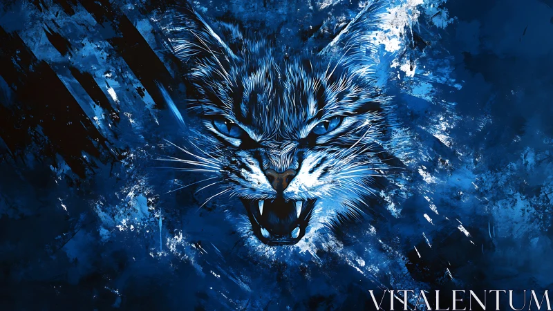 Fierce blue digital painting of roaring wild cat head