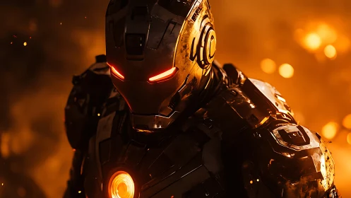High-detail armored exosuit portrait with molten backlight glow