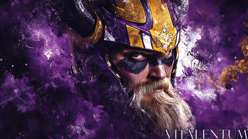 Warrior in purple horned helmet glares through swirling paint