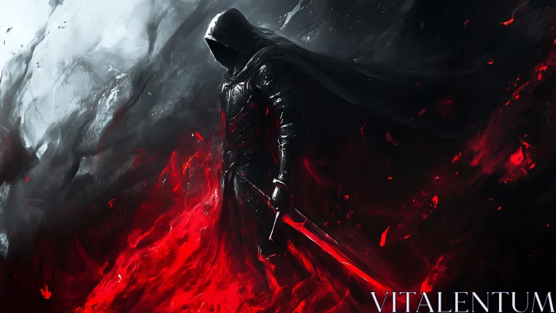 Hooded dark knight emerges from crimson inferno of power.