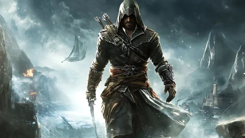 Hooded rogue strides through stormlit coastal battlefield