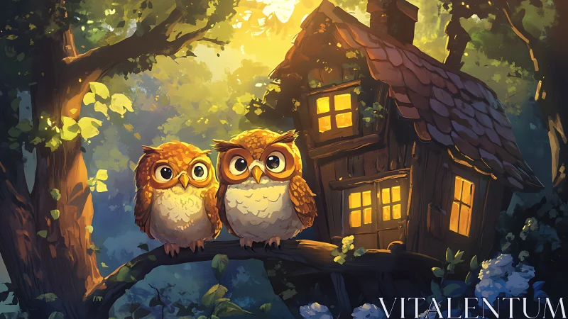 Two small owls on branch near lit wooden forest house.