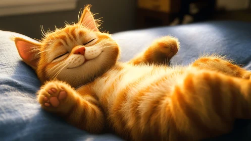 Orange feline rests prone on fabric surface with eyes closed.