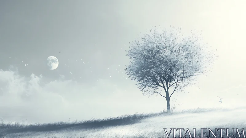 Lone frosted tree glows softly beneath a distant moon.