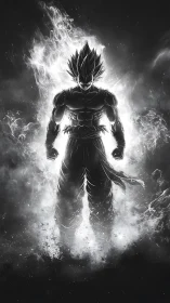 Monochrome anime warrior with high contrast aura energy field