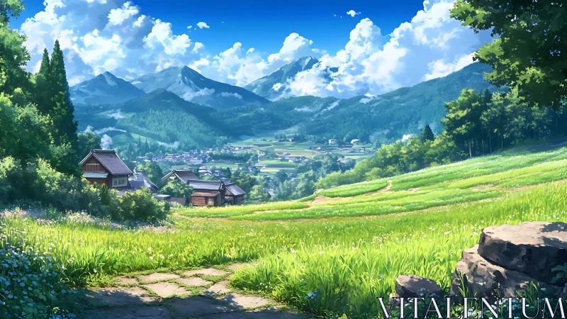 Green terraced fields overlook rural village and distant mountains