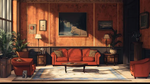 Sunlit orange lounge with cozy sofas and leafy plants.