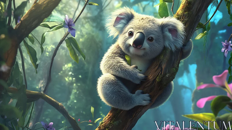 Koala clings to forest tree in stylized digital illustration