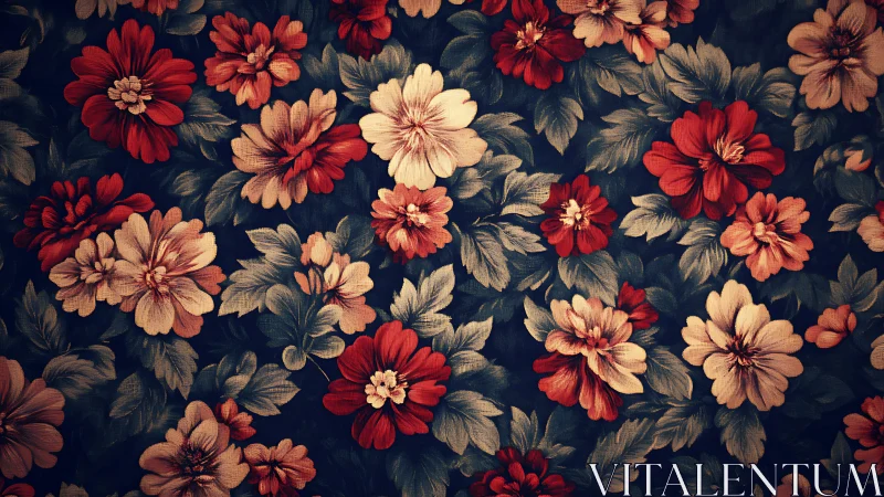 Vintage Floral Pattern: Red, Peach, Cream Blooms on Dark Background.