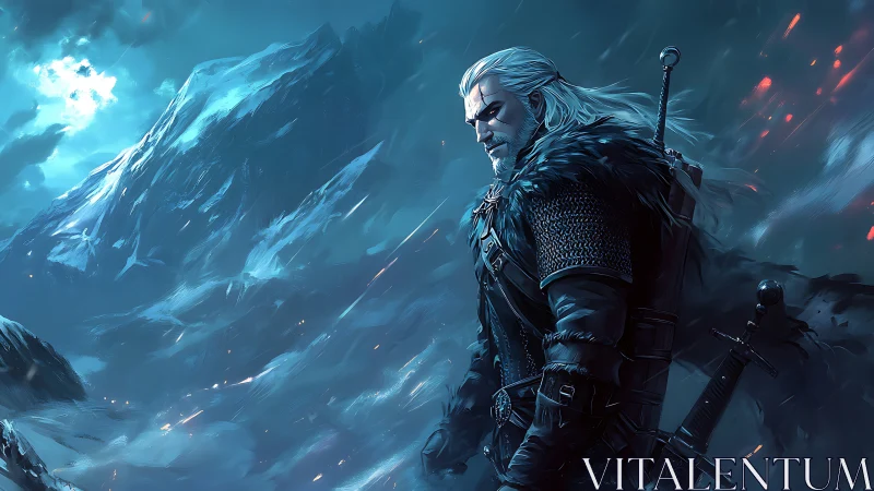 White haired warrior in frozen mountain blizzard landscape.