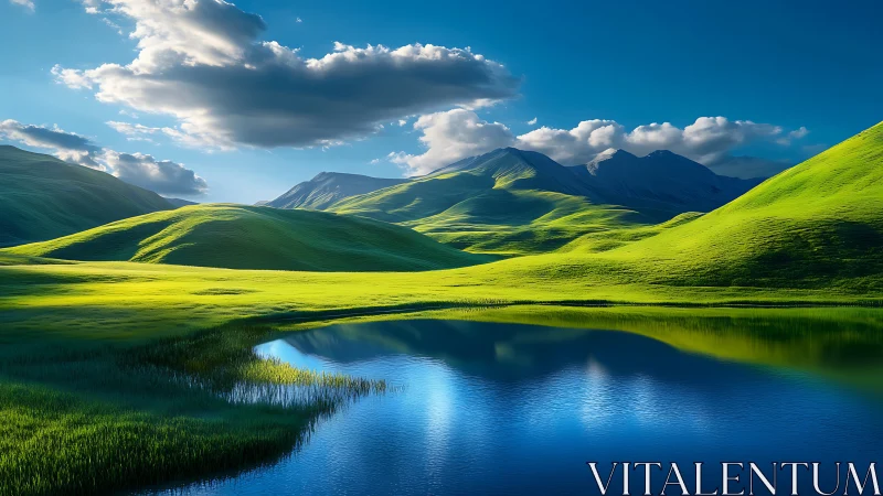 Luminous green hills reflect crisply in a tranquil blue lake