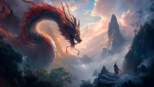Colossal celestial dragon confronts lone figure in misted peaks
