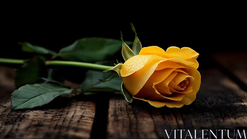Yellow Rose Specimen with Virid Foliage on Weathered Wood Surface