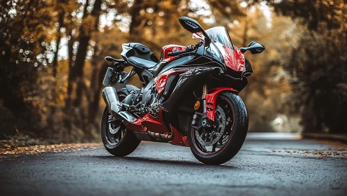 Sportbike poised on forest road in warm autumn light.