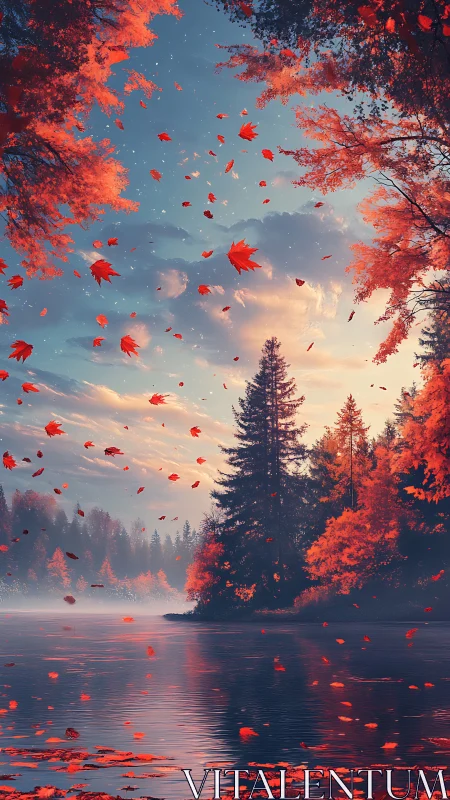 Vertical autumn lake vista with dynamic foliage motion blur