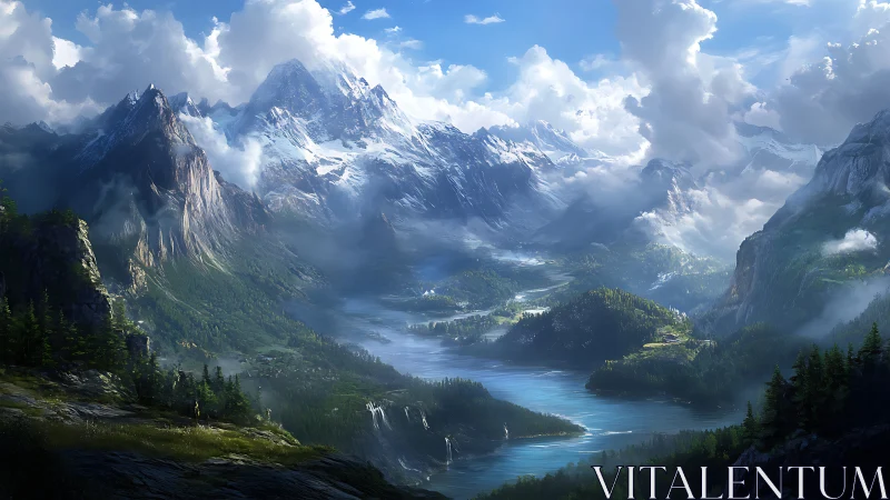 Snow-capped mountain range rises above lake-filled valley