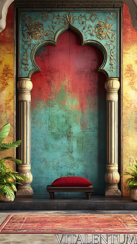 Colorful arched alcove with red cushion and travel daydreams.