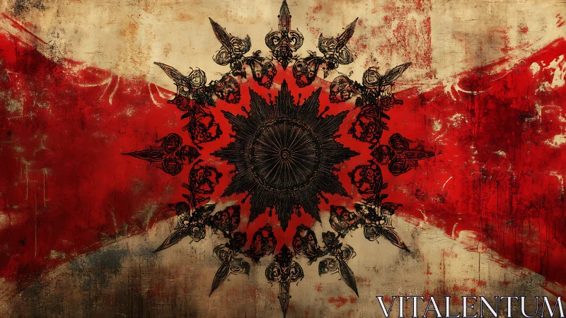 Central radial emblem overlays distressed red and beige field