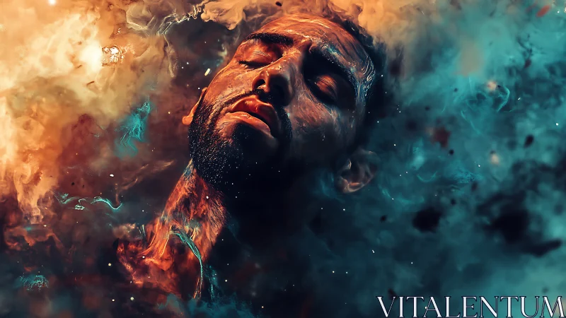 Man’s tranquil face emerges from fiery teal cosmic clouds