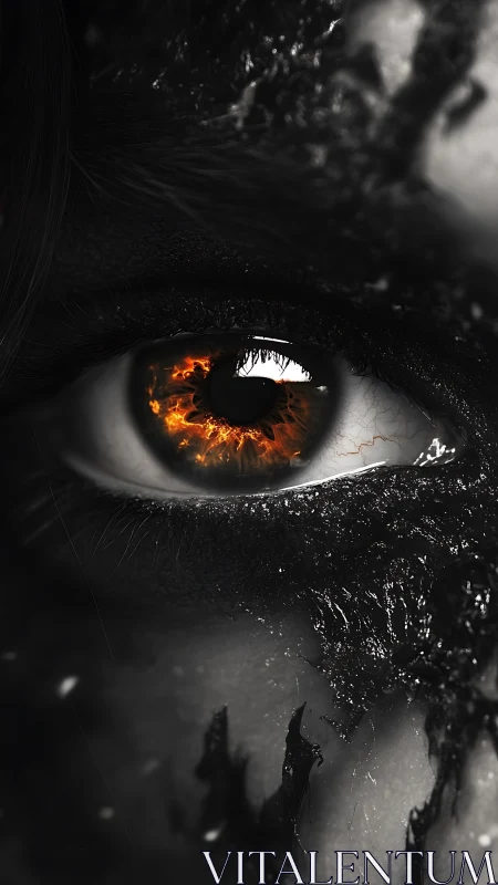 Burning gaze within shadowed, ash-streaked human eye detail.
