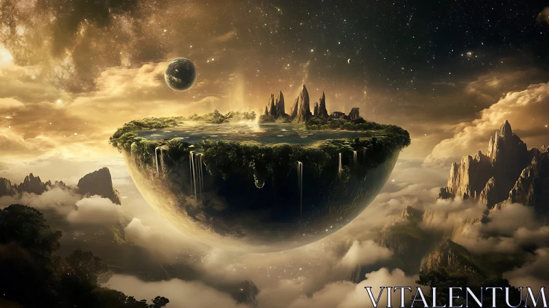 Levitation of a spherical sky-island with orbital waterfalls.