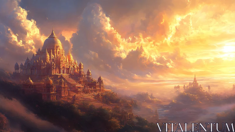 Radiant terraced citadel beneath stratified solar clouds.