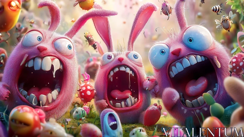 Pink cartoon rabbits with exaggerated faces in fantasy field.
