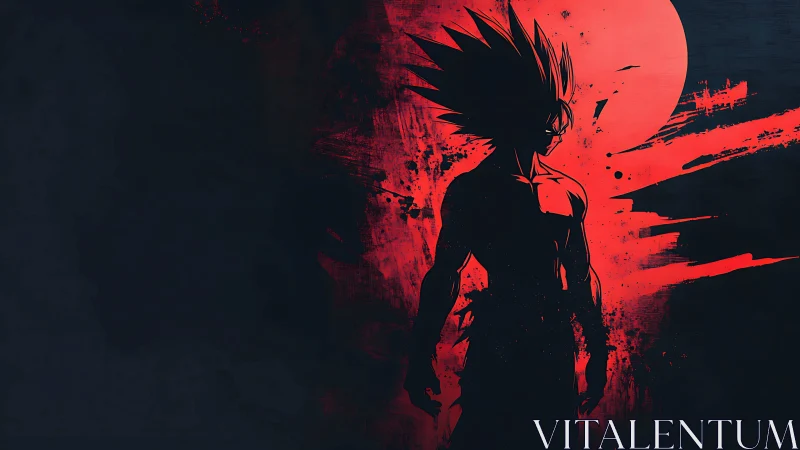 Silhouetted warrior against crimson moon ink-splatter sky.