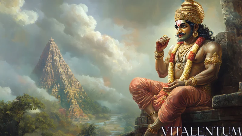 Digital painting of regal deity beside mist-veiled temple peak.