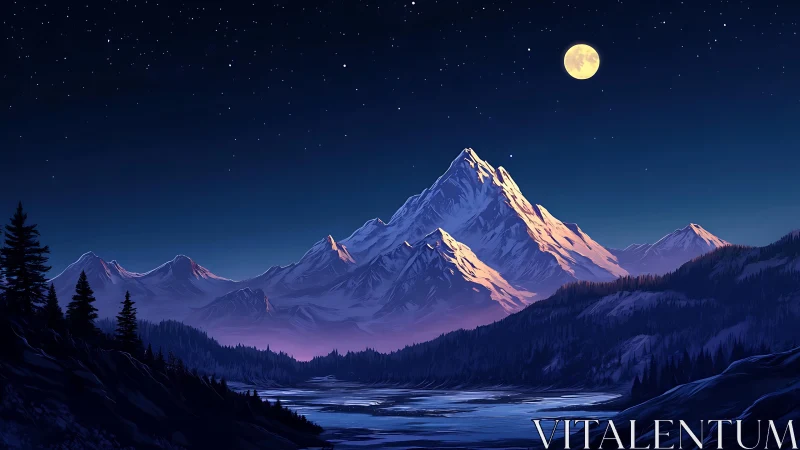 Moonlit alpine mountain range above valley and river at night.