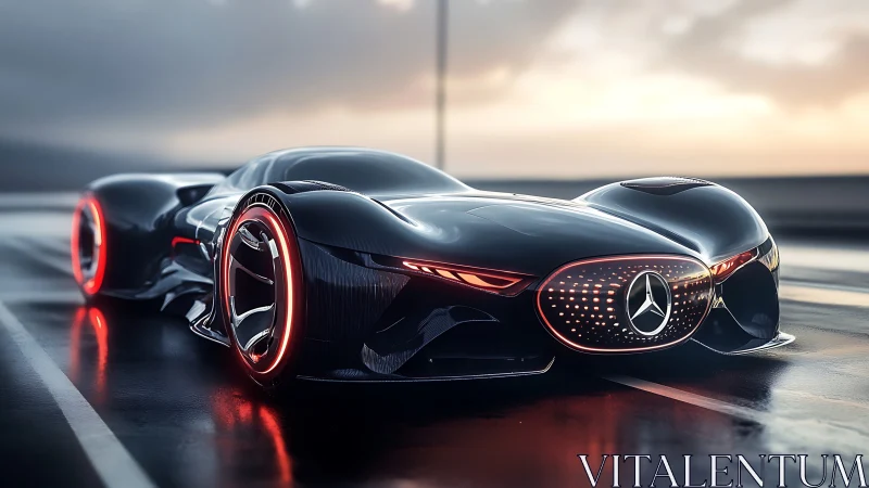 Futuristic Mercedes concept car glows with neon edge lighting.