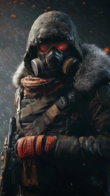 Storm-soaked wasteland ranger waits with embers in their eyes