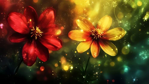 Twin luminous flowers glow against abstract bokeh cosmos