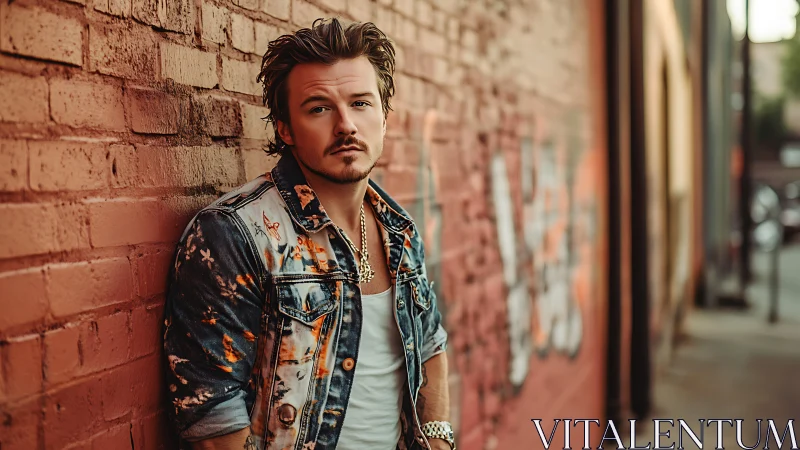 Urban portrait against graffiti brick wall at golden hour.