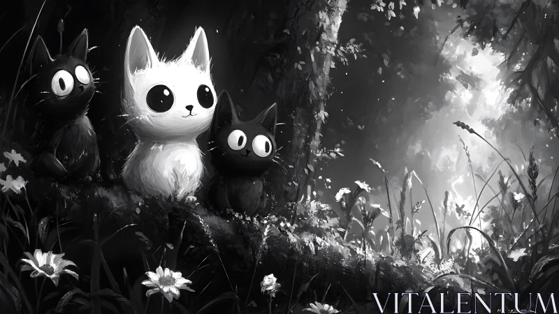 Three Stylized Felines in Monochromatic Woodland Setting.