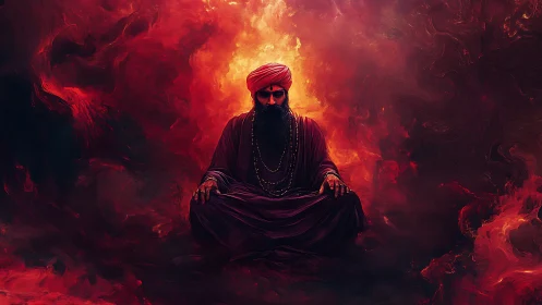 Mystic yogi in crimson robes amid swirling inferno aura
