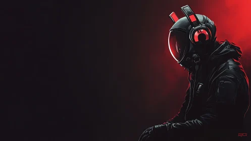 Futuristic helmeted figure in black jacket on red glow.