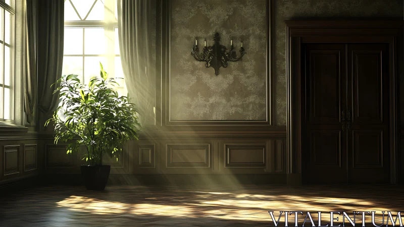 Volumetric sunlight defines ornate interior with potted foliage