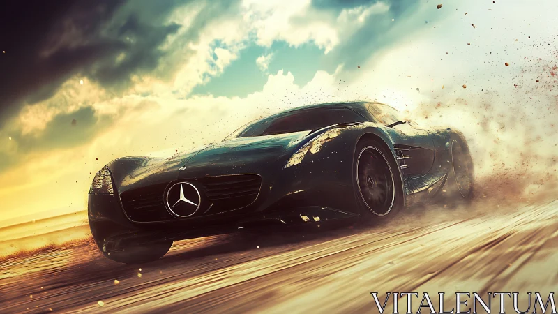 Aerodynamic concept supercar drifts through dust under dynamic sky