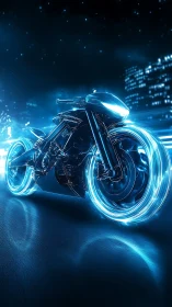 Neon lightcycle racing through futuristic city streets at night.