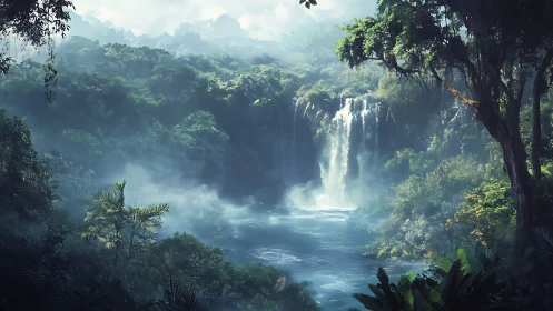 Misty Waterfall Cascades Through Rainforest Jungle.