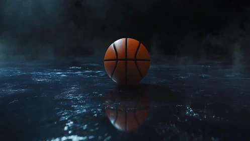 Single basketball on reflective dark court surface at night.